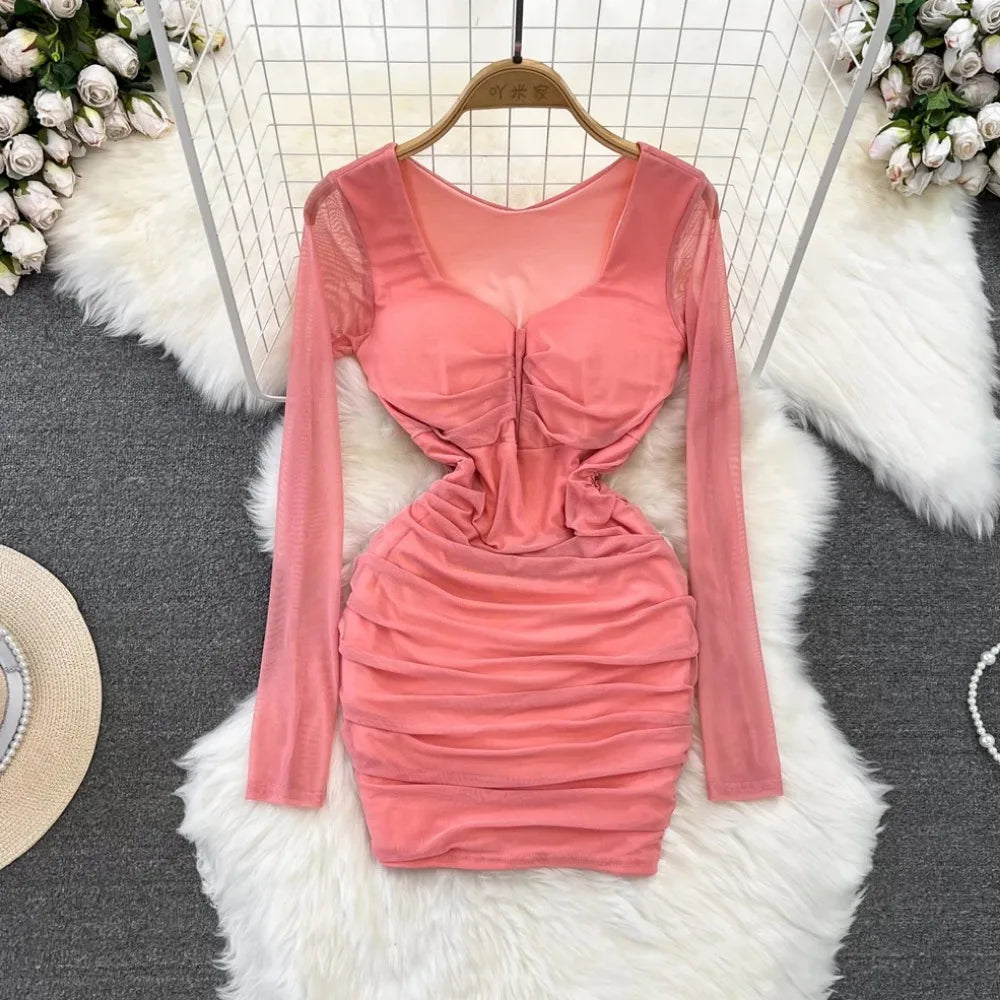 Elegant Long Sleeve Pink Ruched Bodycon Mini Dress