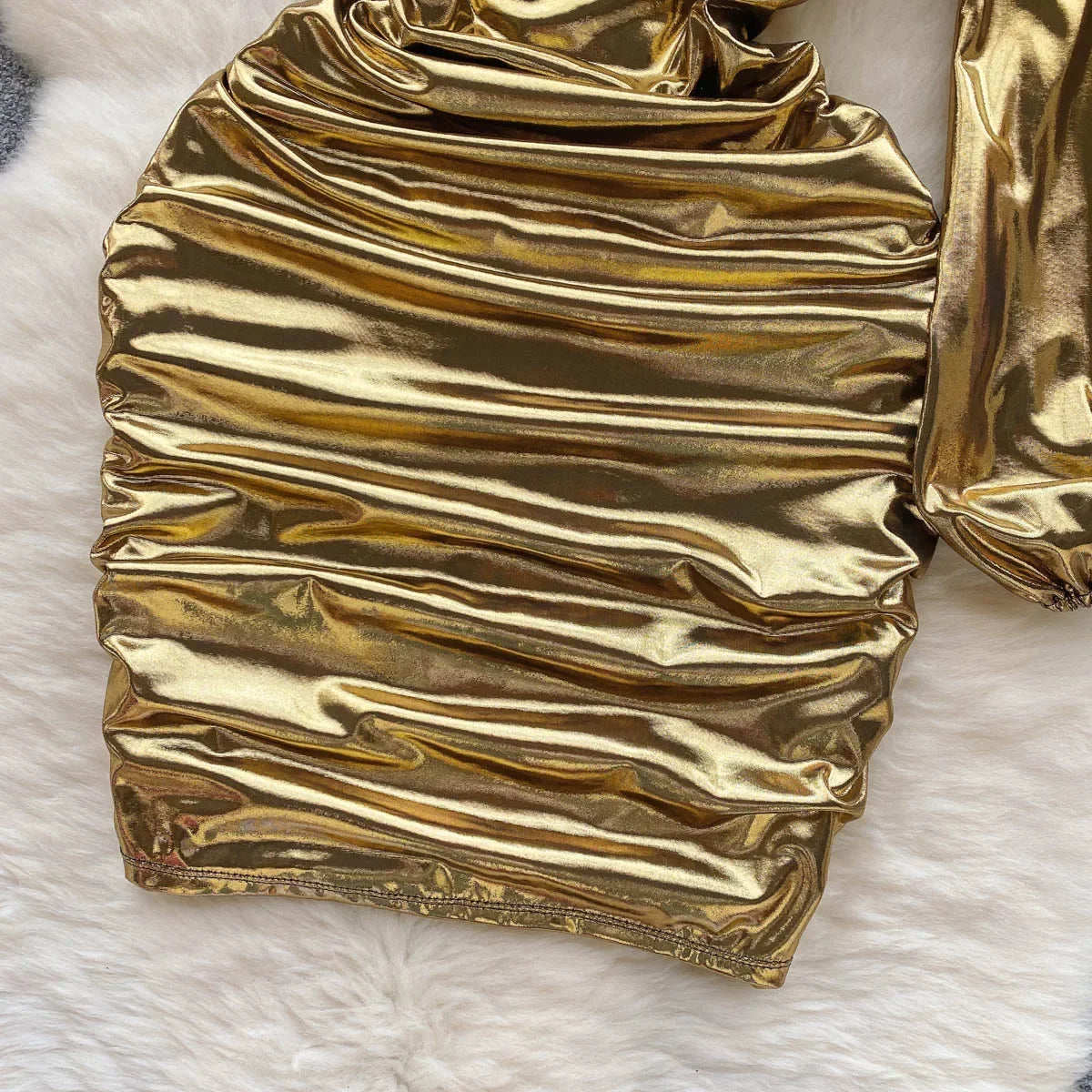Womens One-shoulder Gold Satin Ruched Mini Dress on Luulla