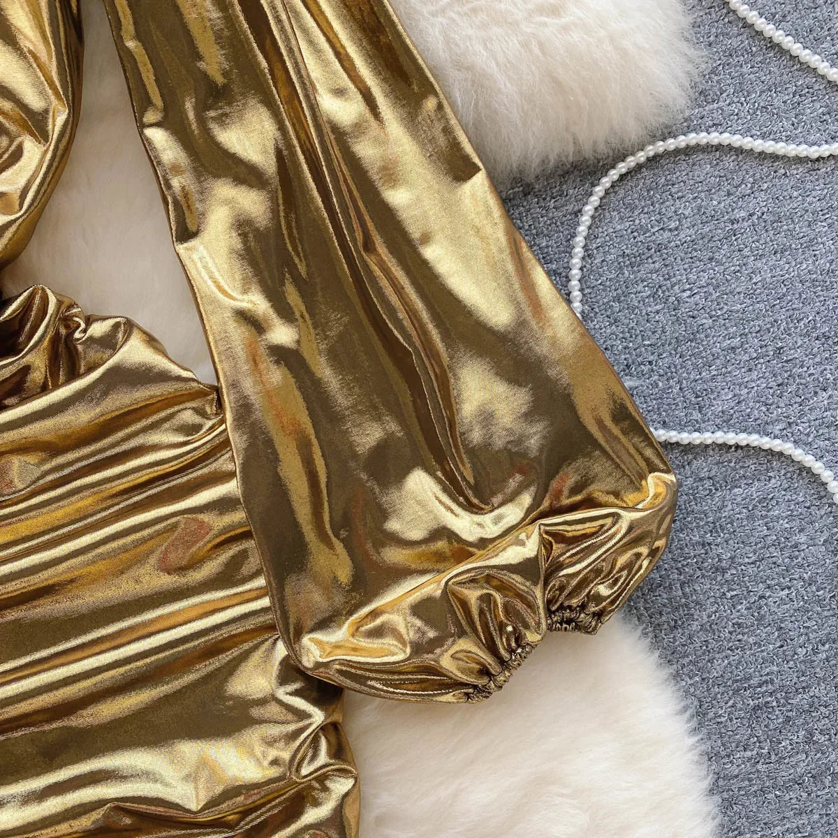 slim fit dress slacks Gold Satin Ruched Side Slip Dress