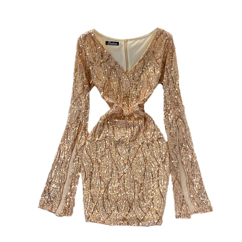 aidan mattox rose gold dress Charming Sequins Mini Dress Cocktail Party Dress Long Sleeves Homecoming Dress