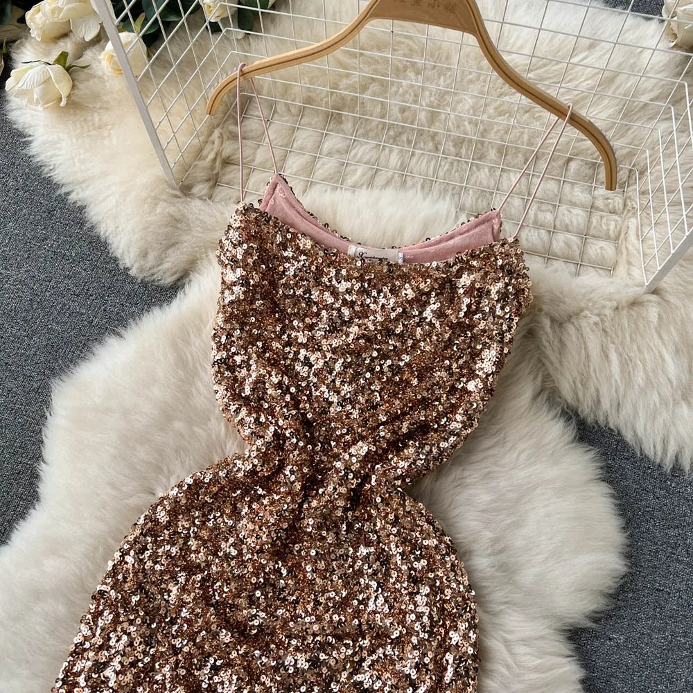 Elegant Rose Gold Sequin Evening Gown With Slit on Luulla