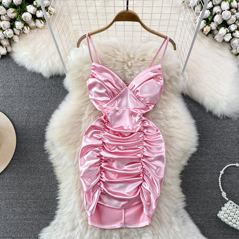 satin ruched mini dress Womens Satin Ruched Mini Dress With Spaghetti Straps