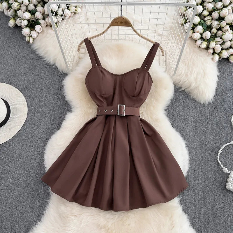 Womens Elegant Brown Belted Skater Cocktail Dress