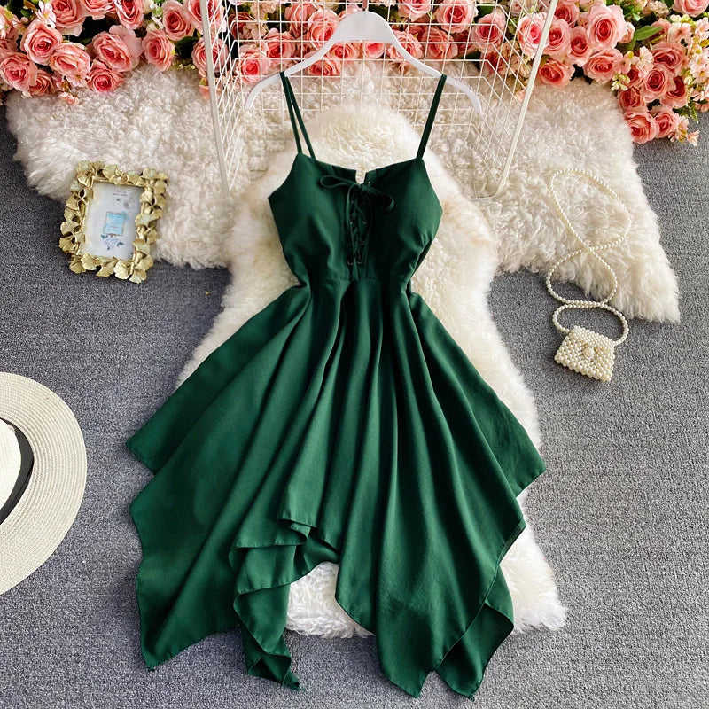 Womens Asymmetrical Hem Green Cocktail Summer Dress