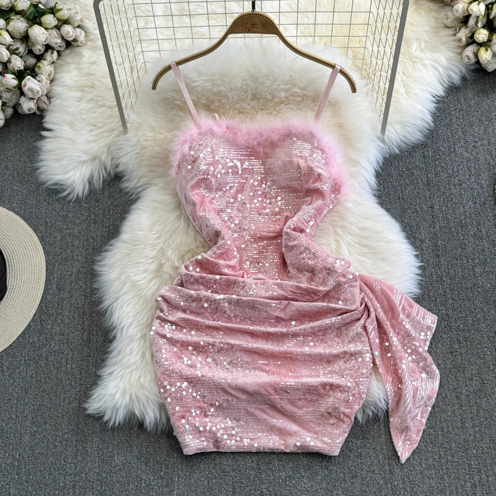 Womens Sparkly Pink Sequin Dress With Faux Fur Trim