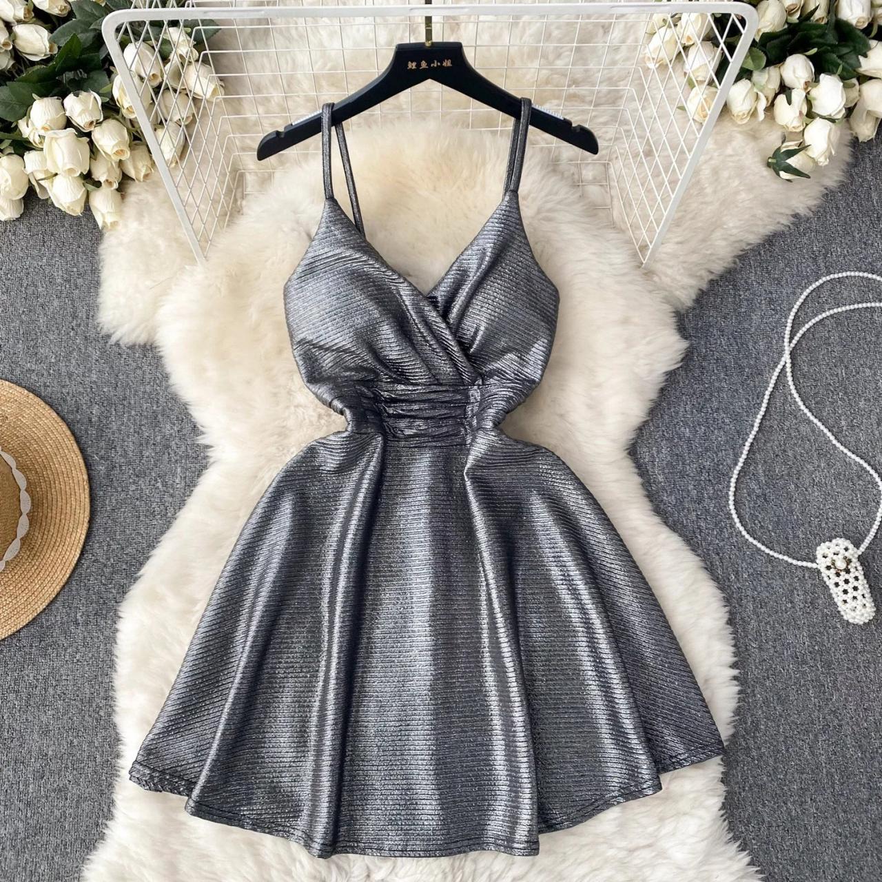 Womens Shimmering Halter Neck Skater Cocktail Dress