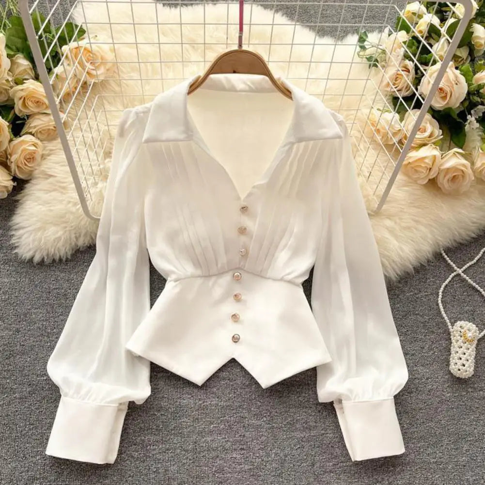 Elegant White Satin Button up Peplum Blouse For Women on Luulla