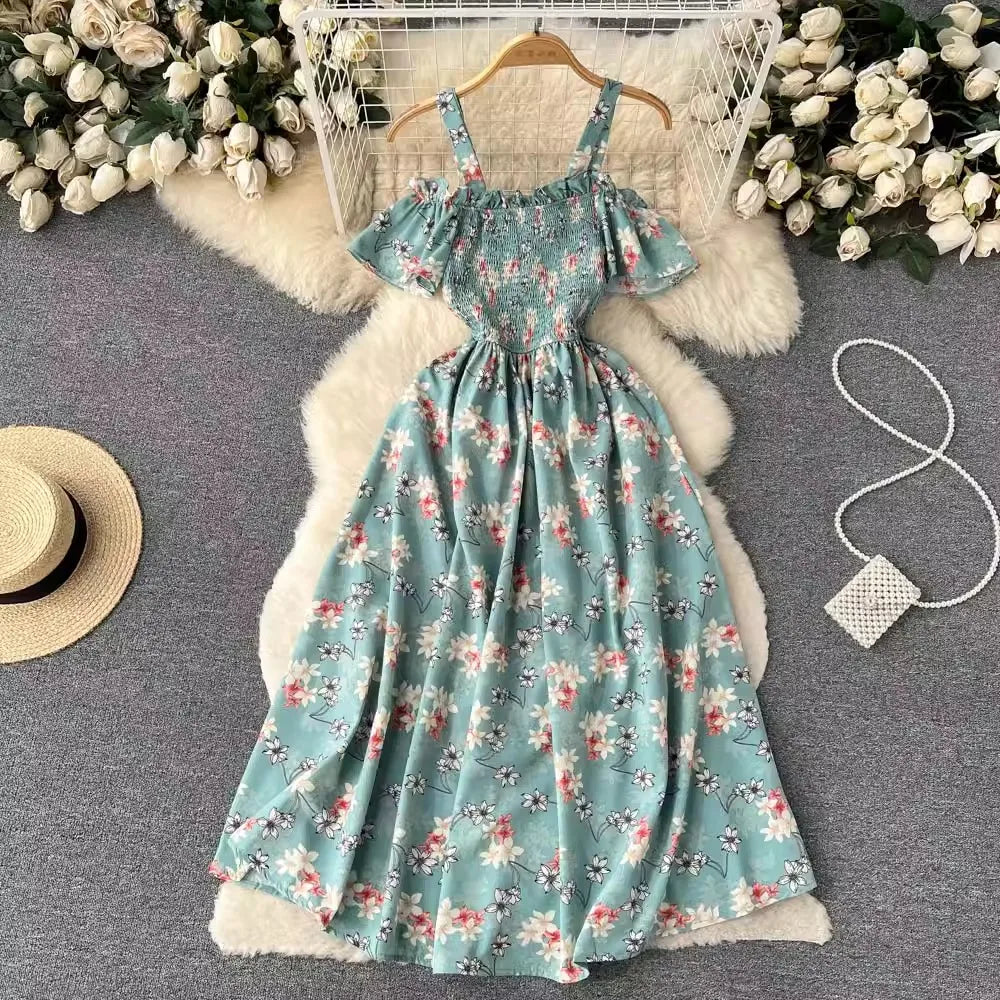Womens Floral Print Summer Ruffle Sleeve Midi Dress