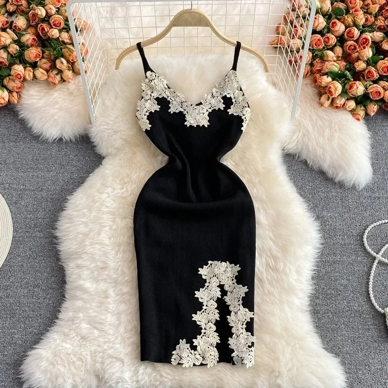 Elegant Black Lace Trim Spaghetti Strap Cocktail Dress