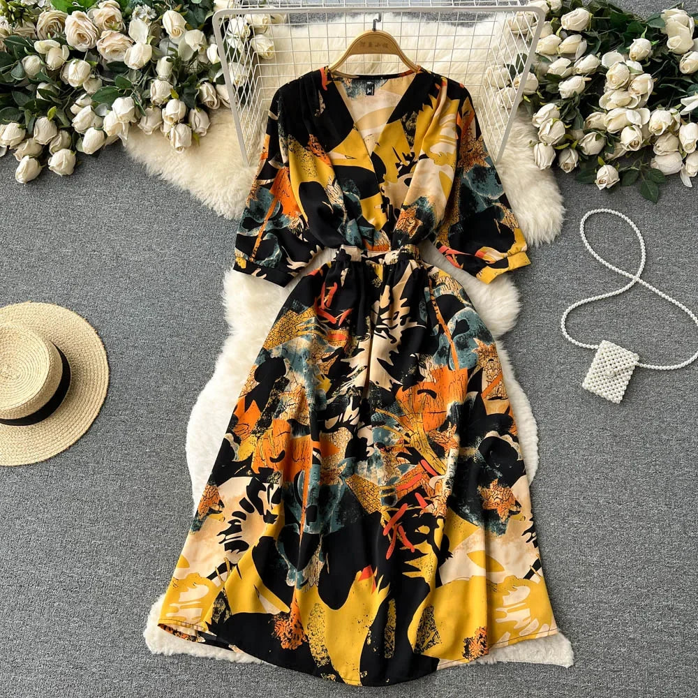 knee length dresses for ladies Baltic Born Womens Kia Kimono Maxi Dress | Black + Copper Floral main image 0