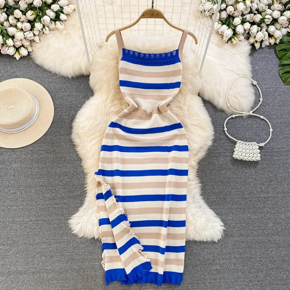 striped dress blue or gold The Elisabeth Dress in Striped Seersucker – Angele.H Paris