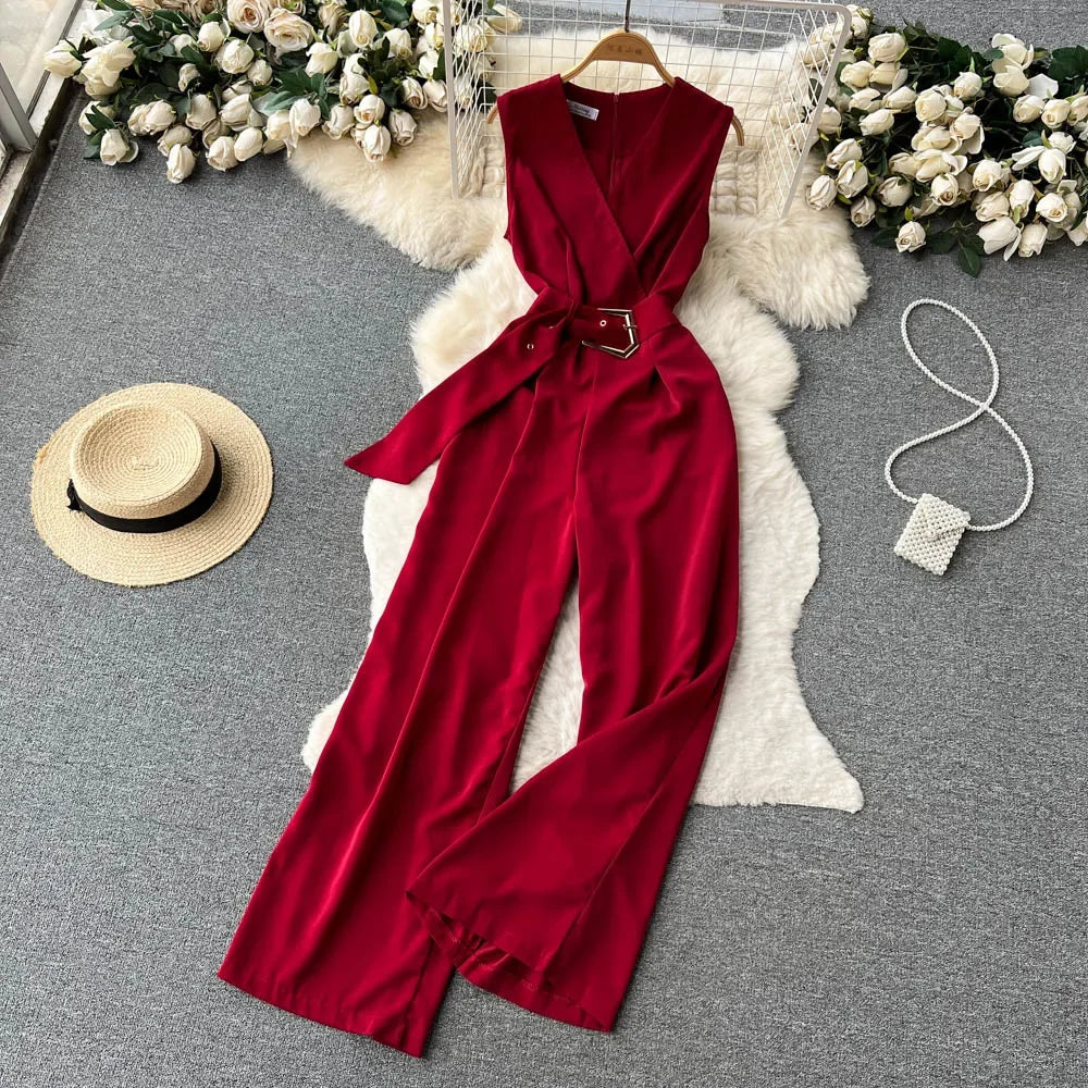 Elegant Red Sleeveless Jumpsuit With Waist Belt For Women