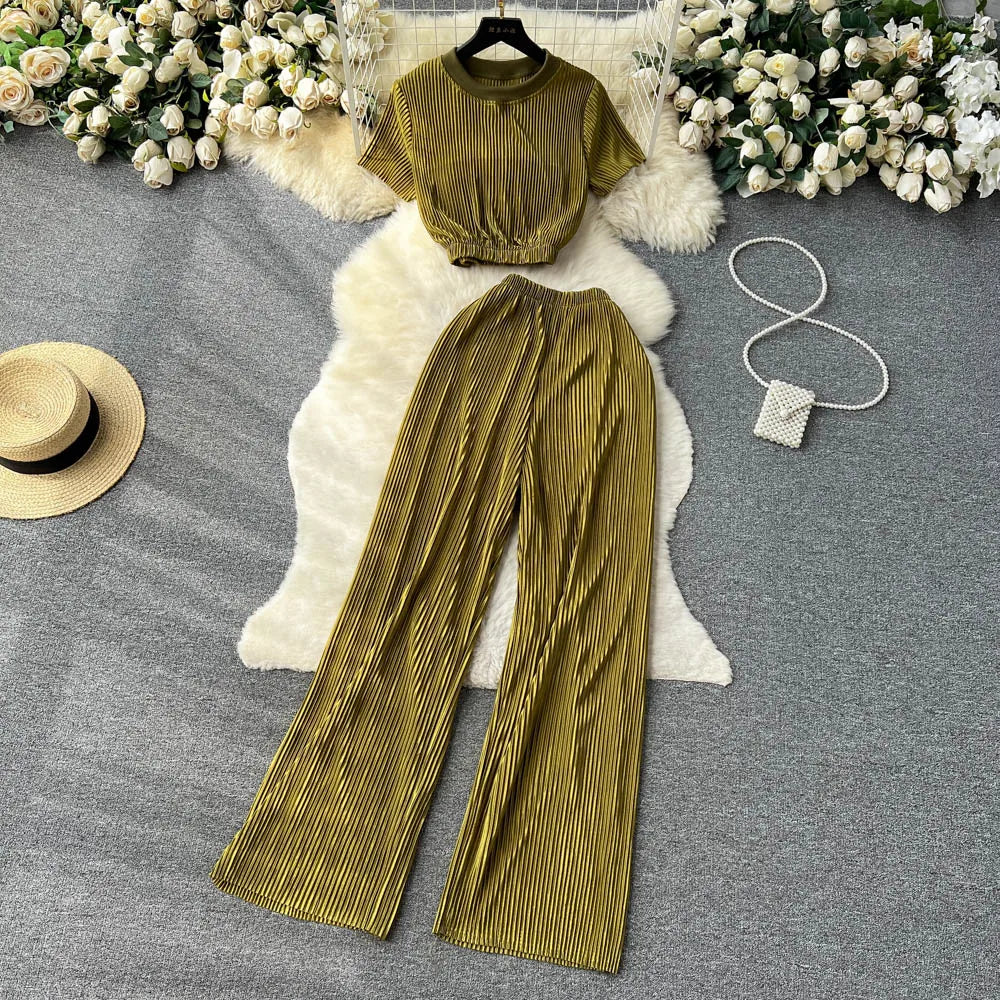 Olive Green Pleated Wide-leg Pants With Matching Top
