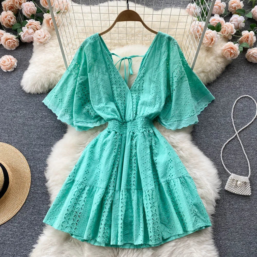 Bohemian Style Turquoise Eyelet Lace-up Summer Dress on Luulla