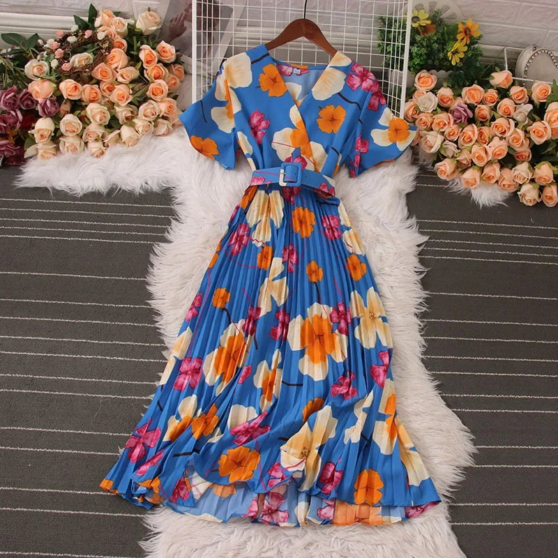 Womens V-Neck Floral Belted Pleated Summer Midi Dress