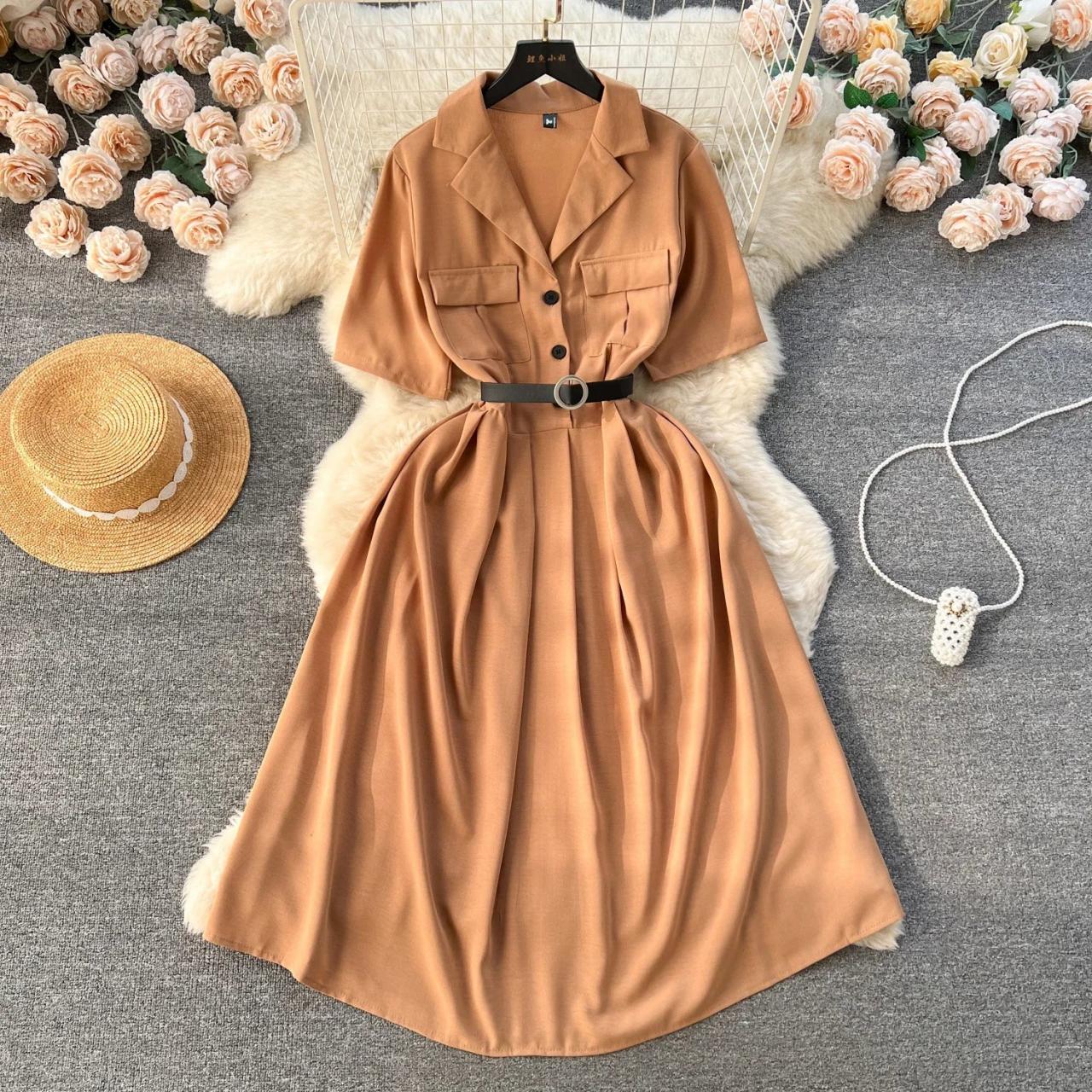 Stylegoing Elegant Camel Belted Midi Shirt Dress for Women