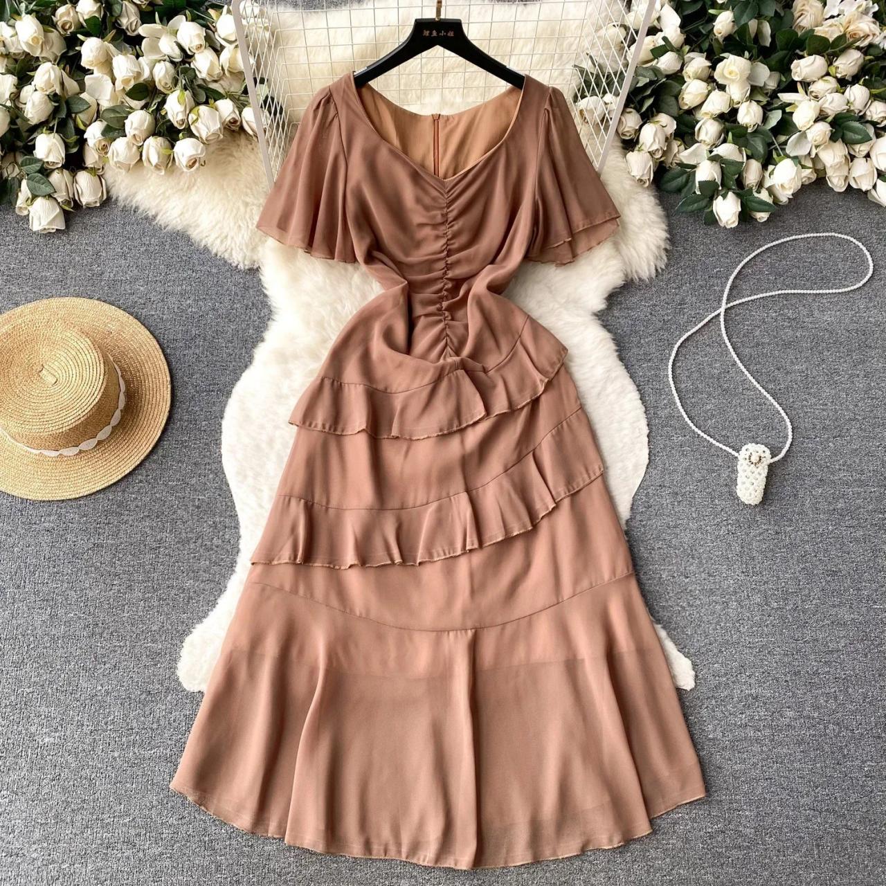 Elegant Tiered Ruffle Knee-length Satin Dress Mocha