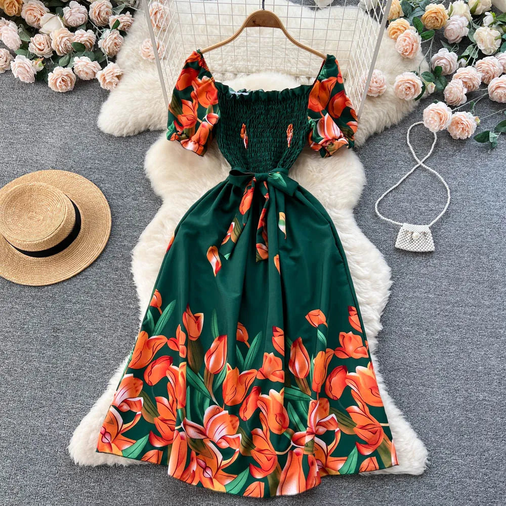 Off-shoulder Floral Print A-line Summer Midi Dress