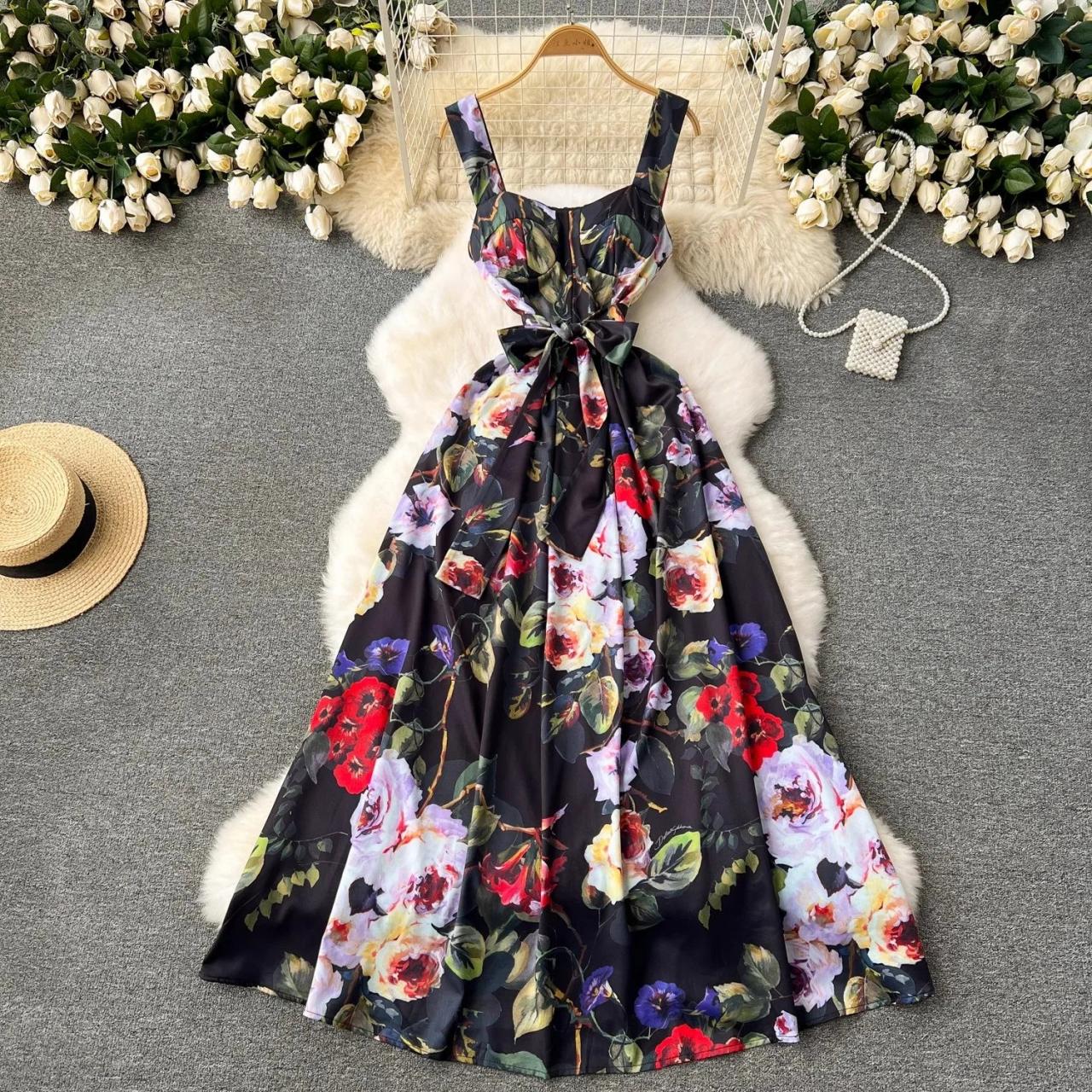Elegant Floral Print Sleeveless V-neck Maxi Dress