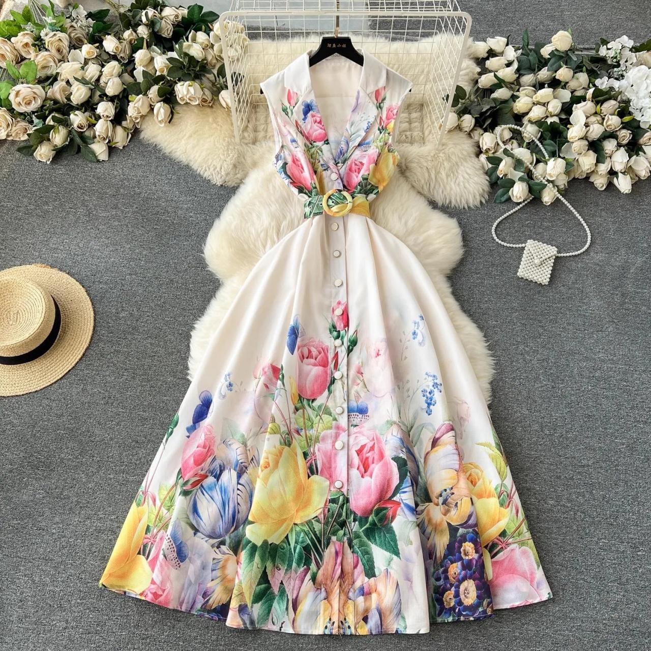 Elegant Floral Print Sleeveless Midi Summer Dress