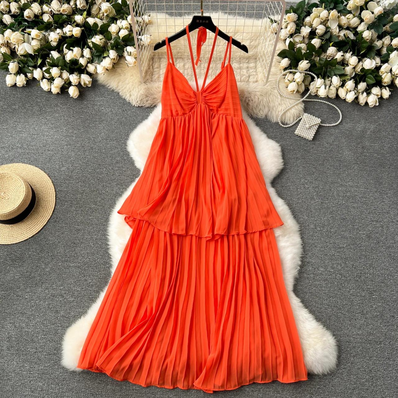 Womens Flowy Pleated Spaghetti Strap Summer Dress Yellow on Luulla