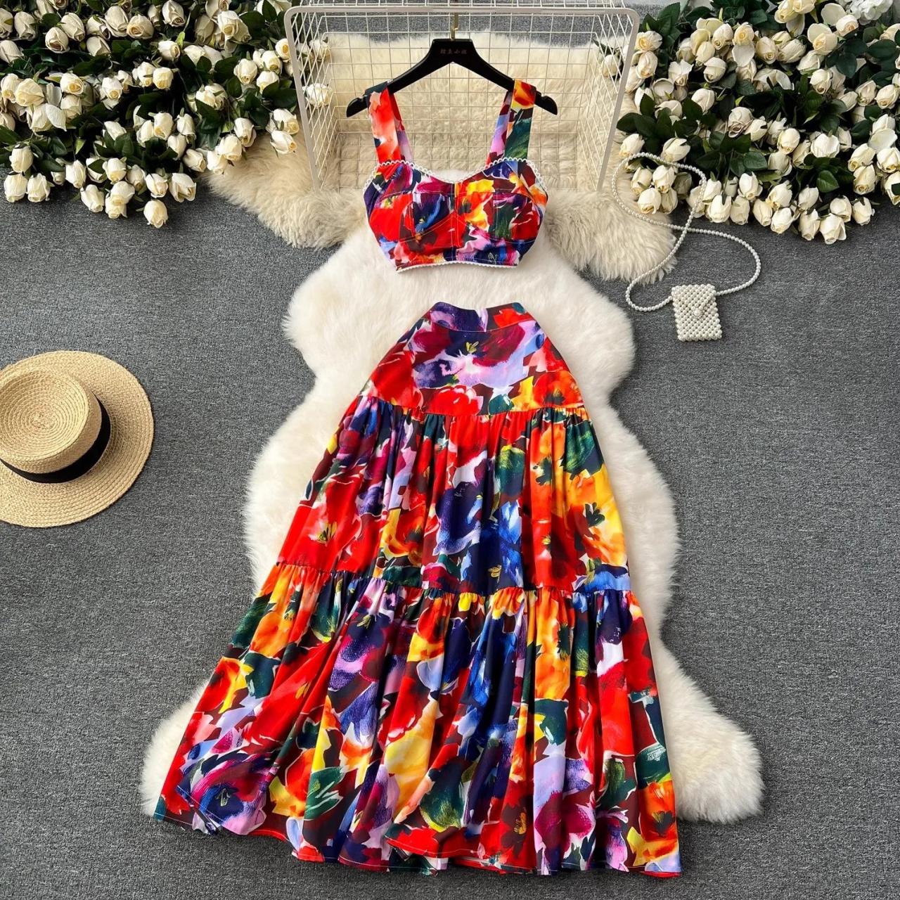 Womens Colorful Floral Print Summer Maxi Dress With Pockets