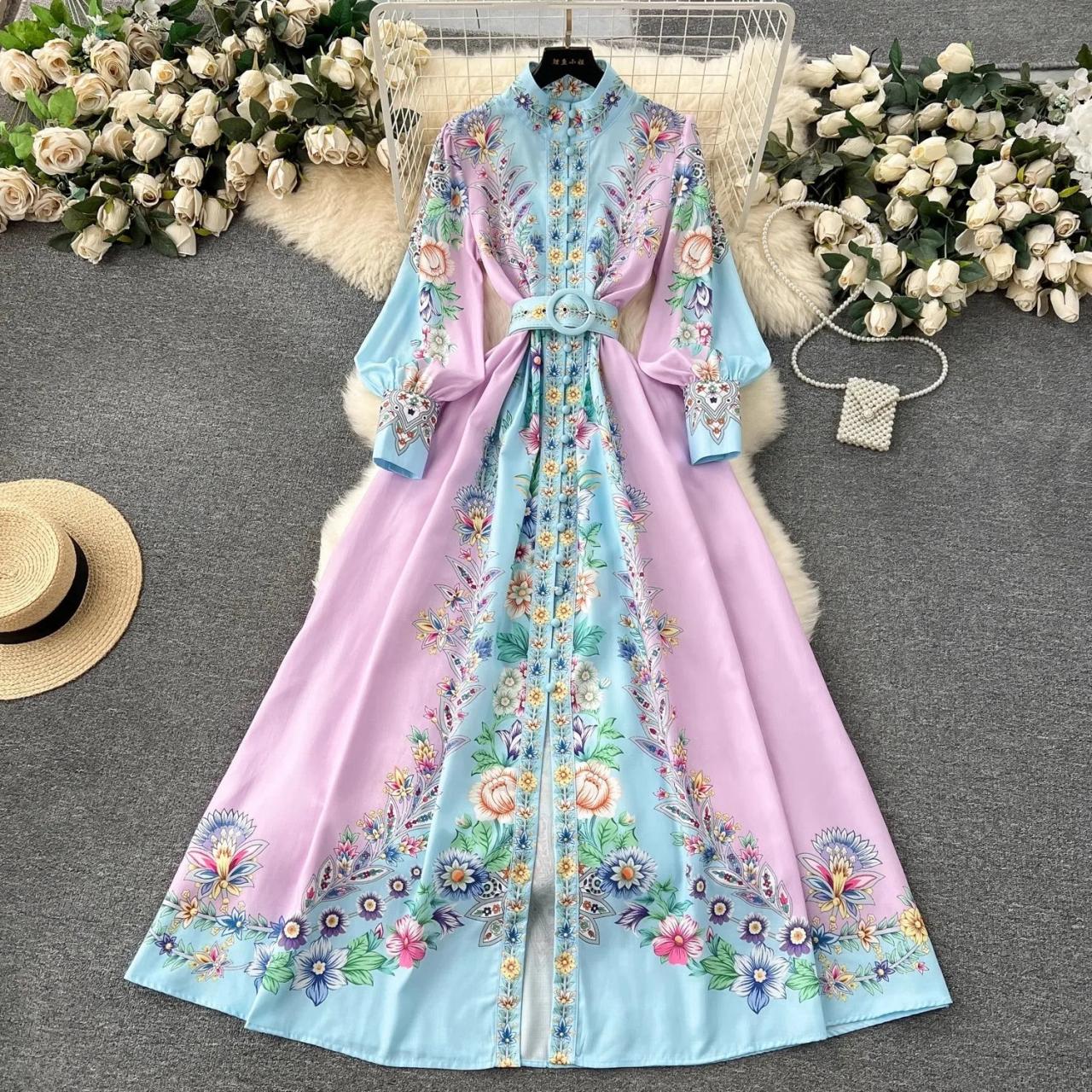 Luxurious Embroidered Floral Maxi Dress With Elegant Belt