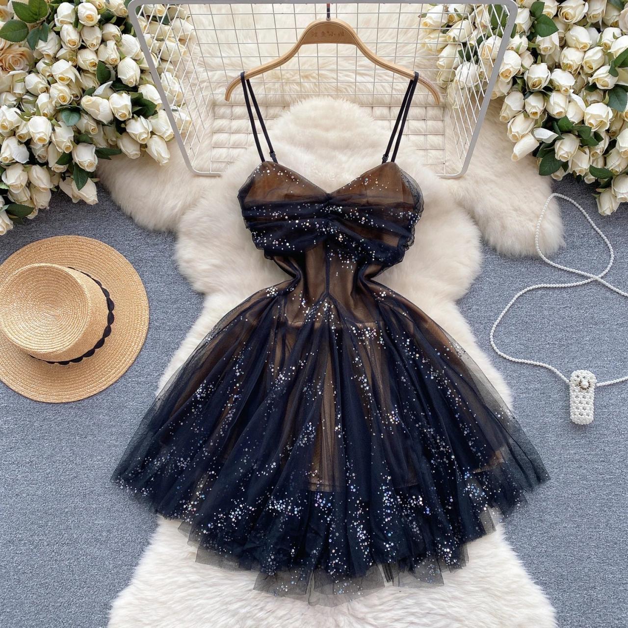 Sparkling Navy Tulle Cocktail Dress With Glitter Accents