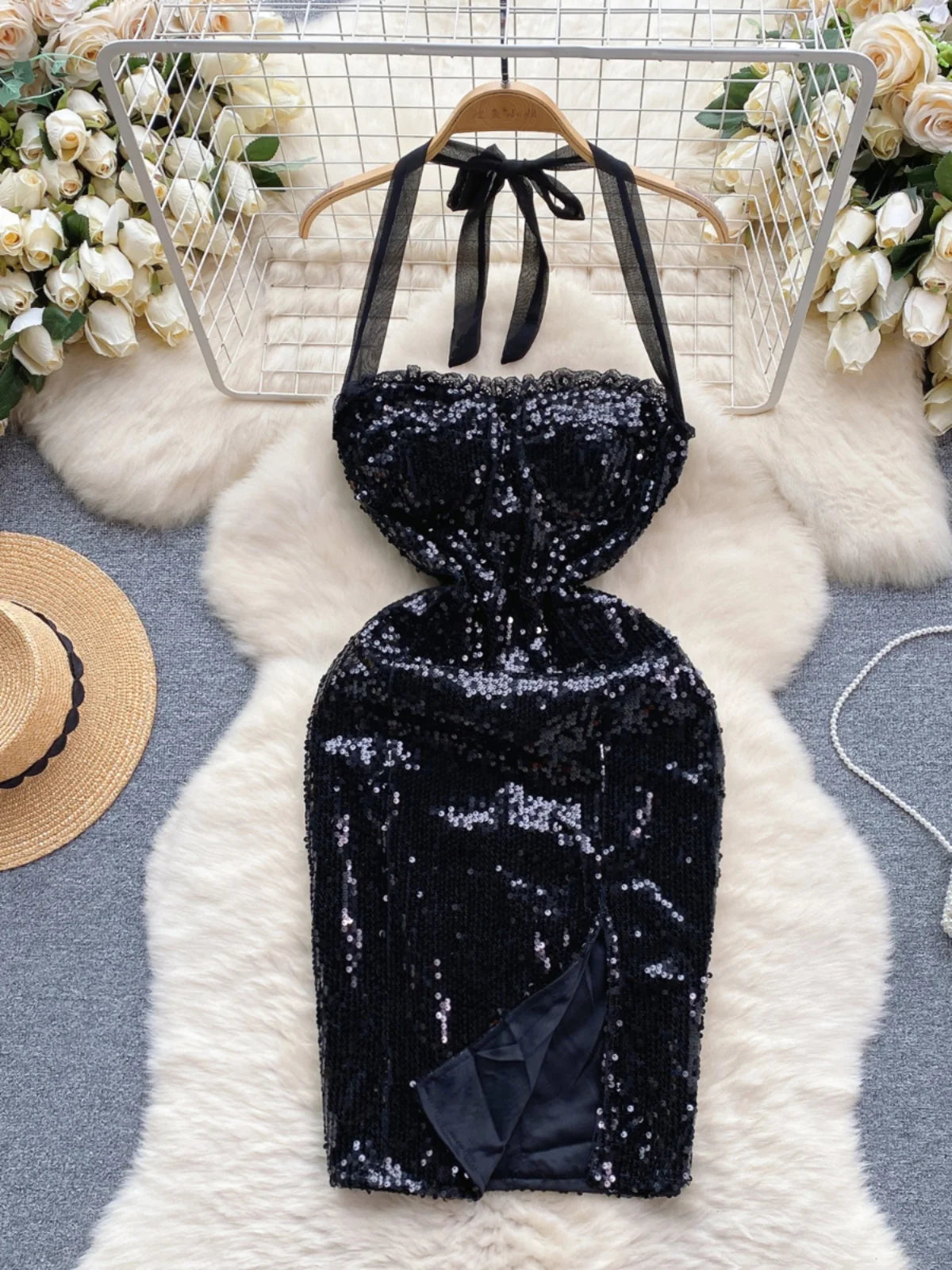 Elegant Strapless Black Sequin Cocktail Party Dress
