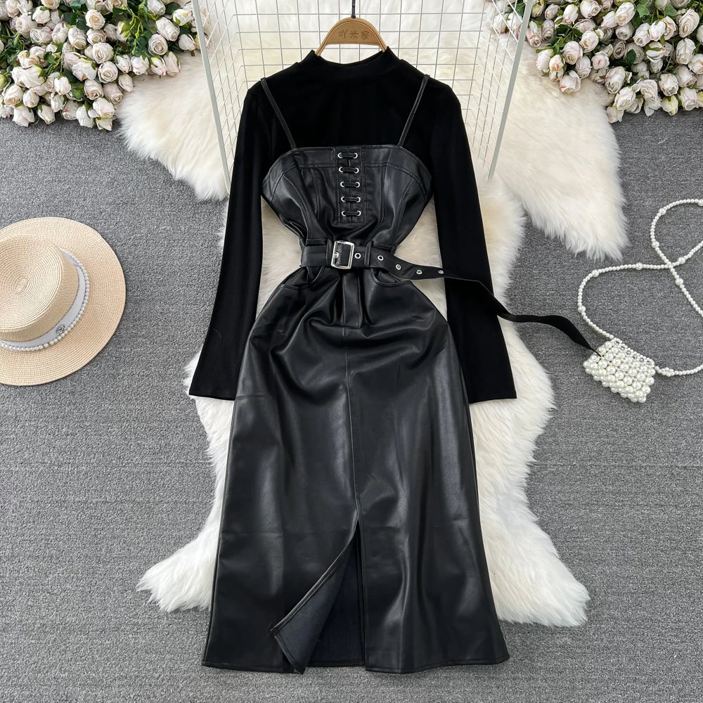 Long Sleeve Faux Leather Corset Dress With Belt on Luulla