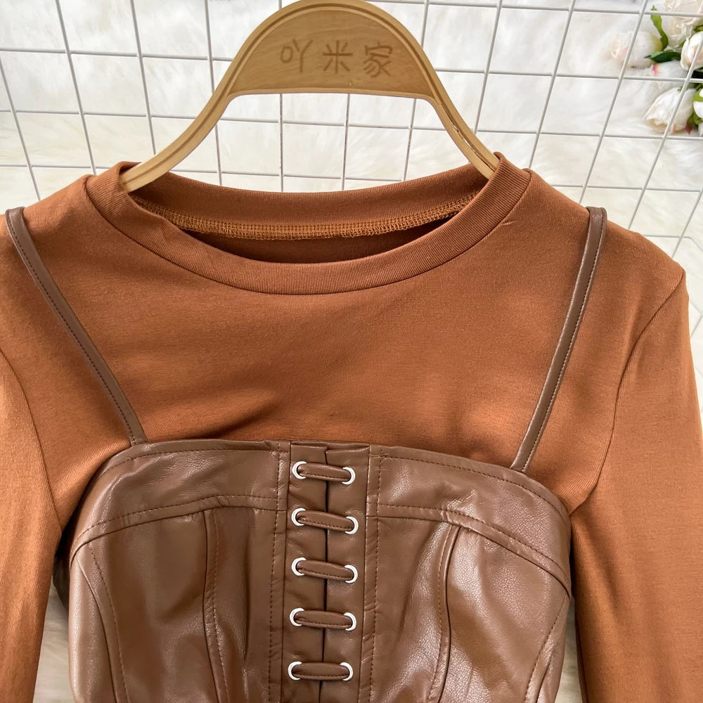 princess polly baby blue dress Brown Leather Steampunk Corset – Steampunkstyler main image 0