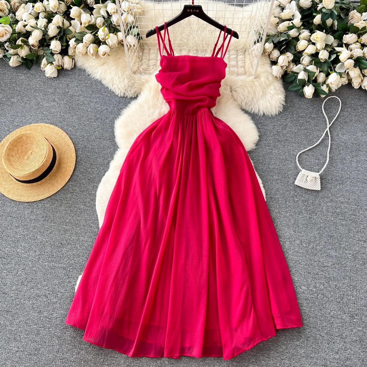 Elegant Fuchsia Pleated Summer Maxi Dress With Straps