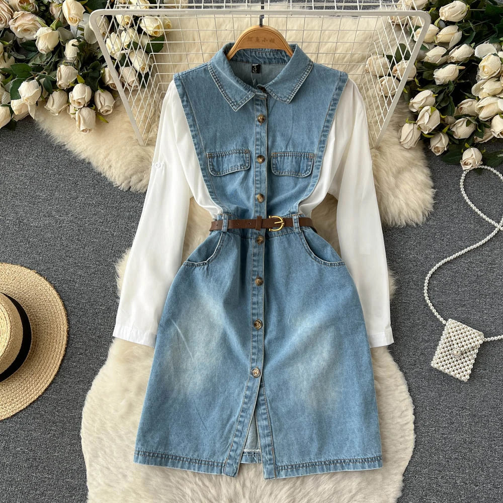 Womens Casual Denim And White Shirt Dress With Belt