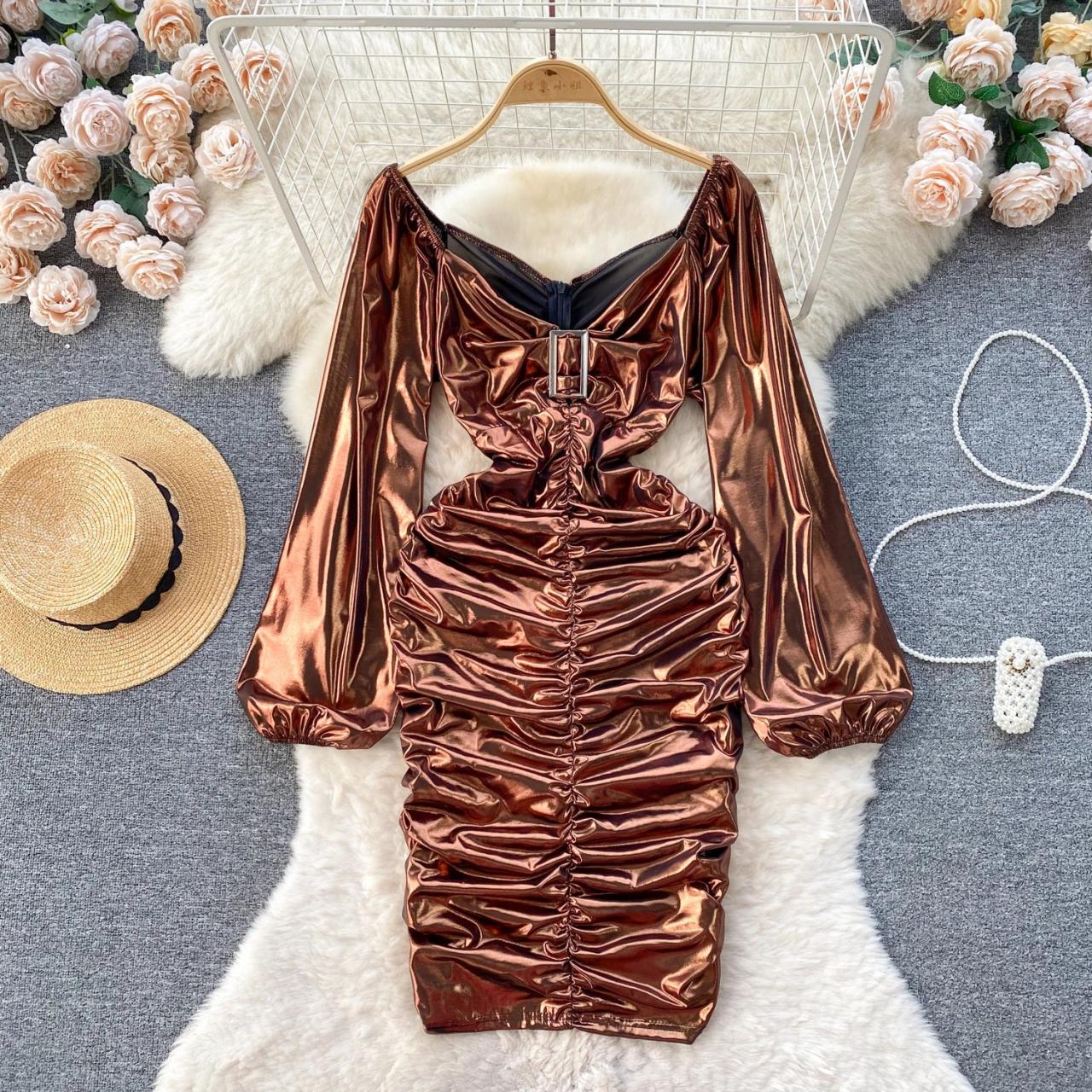 Elegant Satin Puff Sleeve Ruched Cocktail Dress