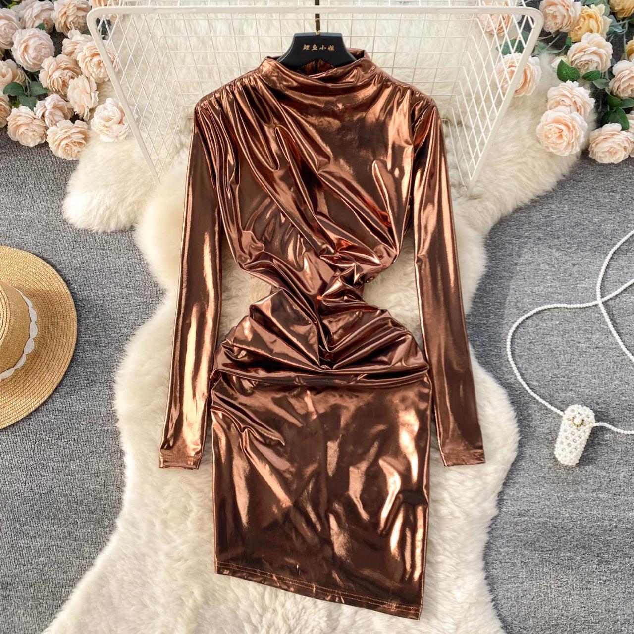 Elegant High Neck Satin Ruched Bodycon Dress Bronze