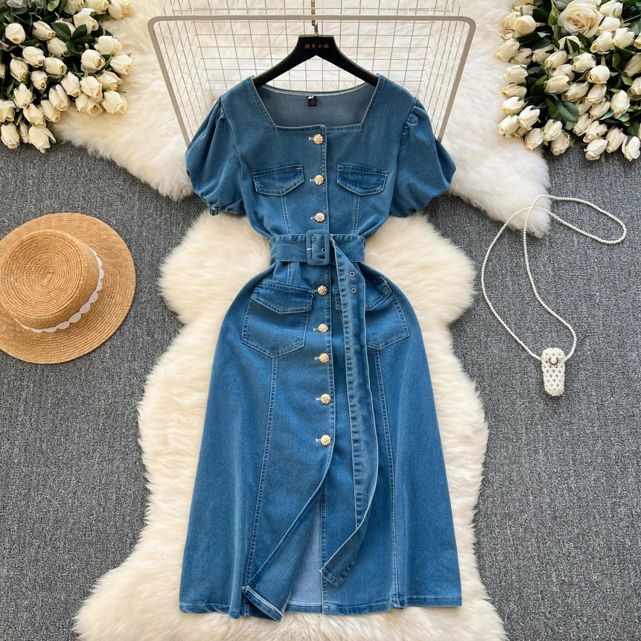 knee length dresses for ladies Laureen Short Sleeve Midi Dress Denim Blue– Selfie Leslie
