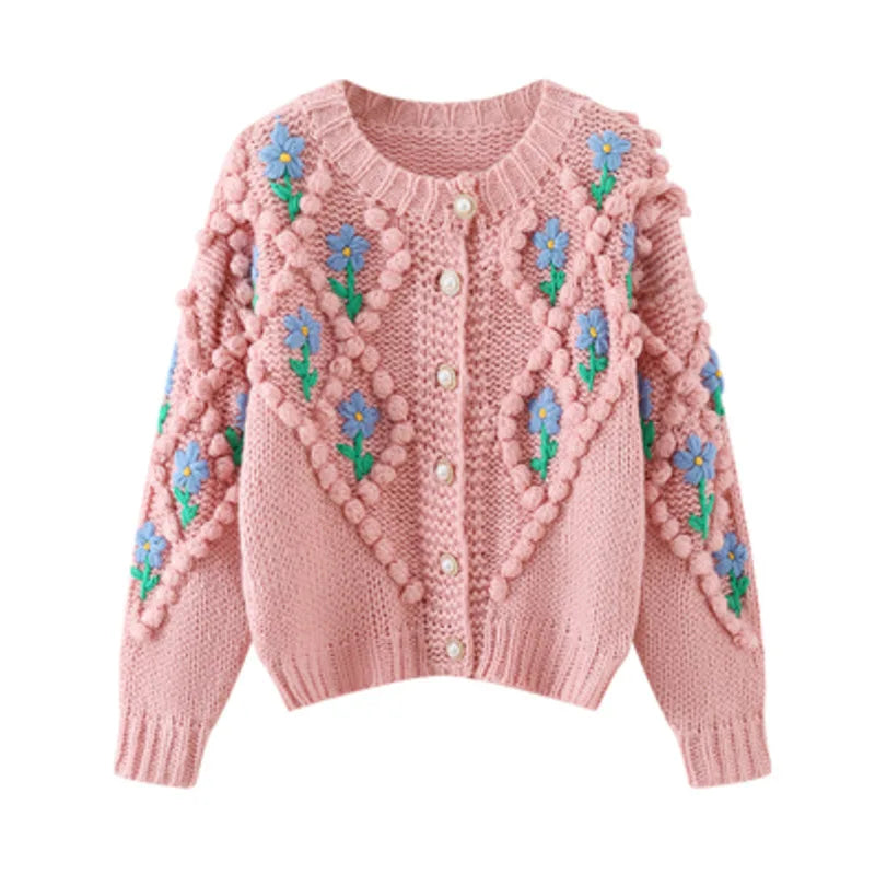 Womens Floral Embroidered Chunky Knit Cardigan Sweater