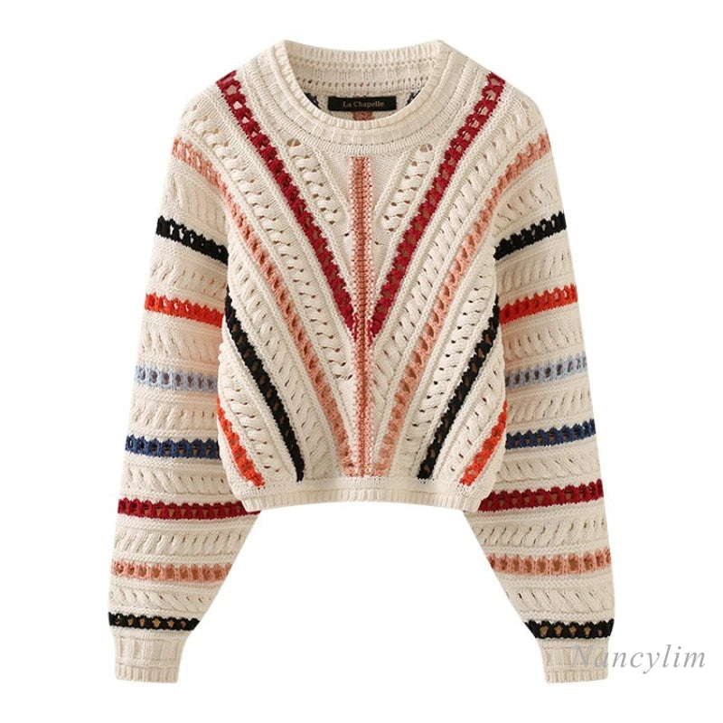 Womens Vintage-inspired Multicolor Knit Sweater Pullover