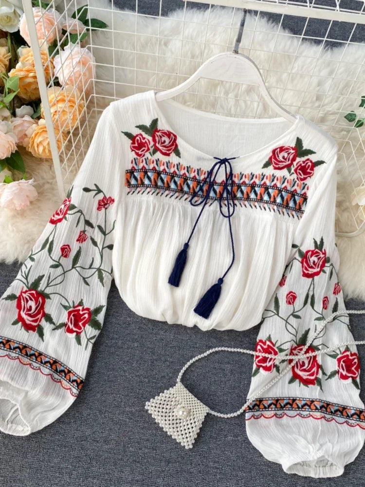 Bohemian Embroidered Long Sleeve Peasant Blouse With Tassels