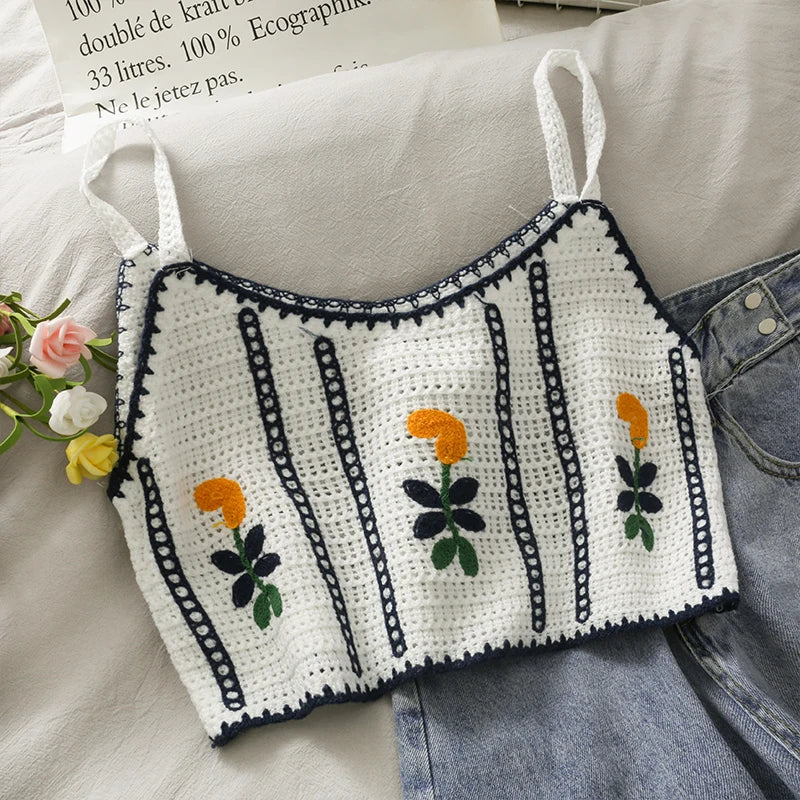 Boho Crochet Crop Top With Floral Embroidery Detail
