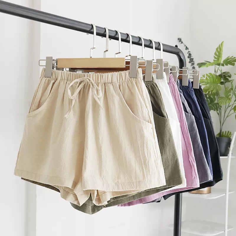 Casual Linen Drawstring Shorts With Pockets, Multiple Colors