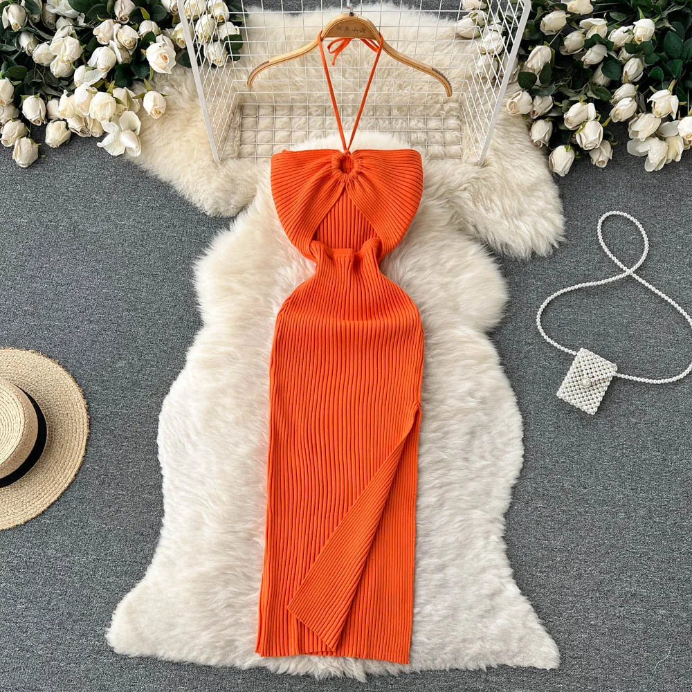 Elegant Orange Ribbed Halter Neck Maxi Dress