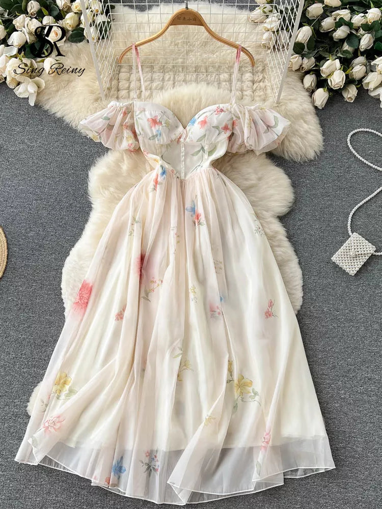 Elegant Floral Print Puff Sleeve Summer Dress For Women