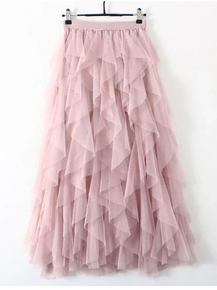 Womens Pink Tulle Layered Maxi Skirt Elegant Style