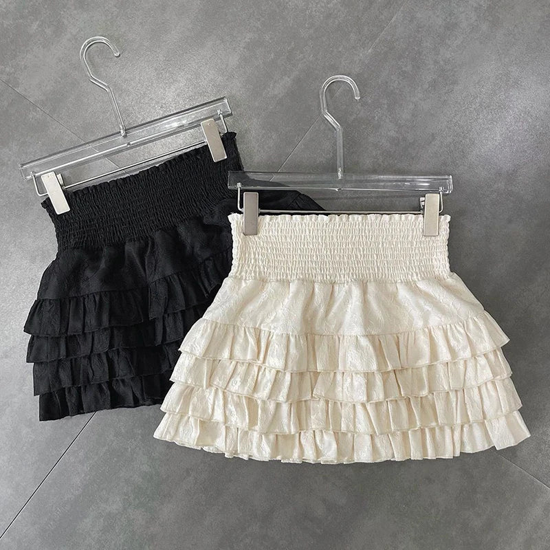 Womens Layered Ruffle Mini Skirt Elastic Waistband