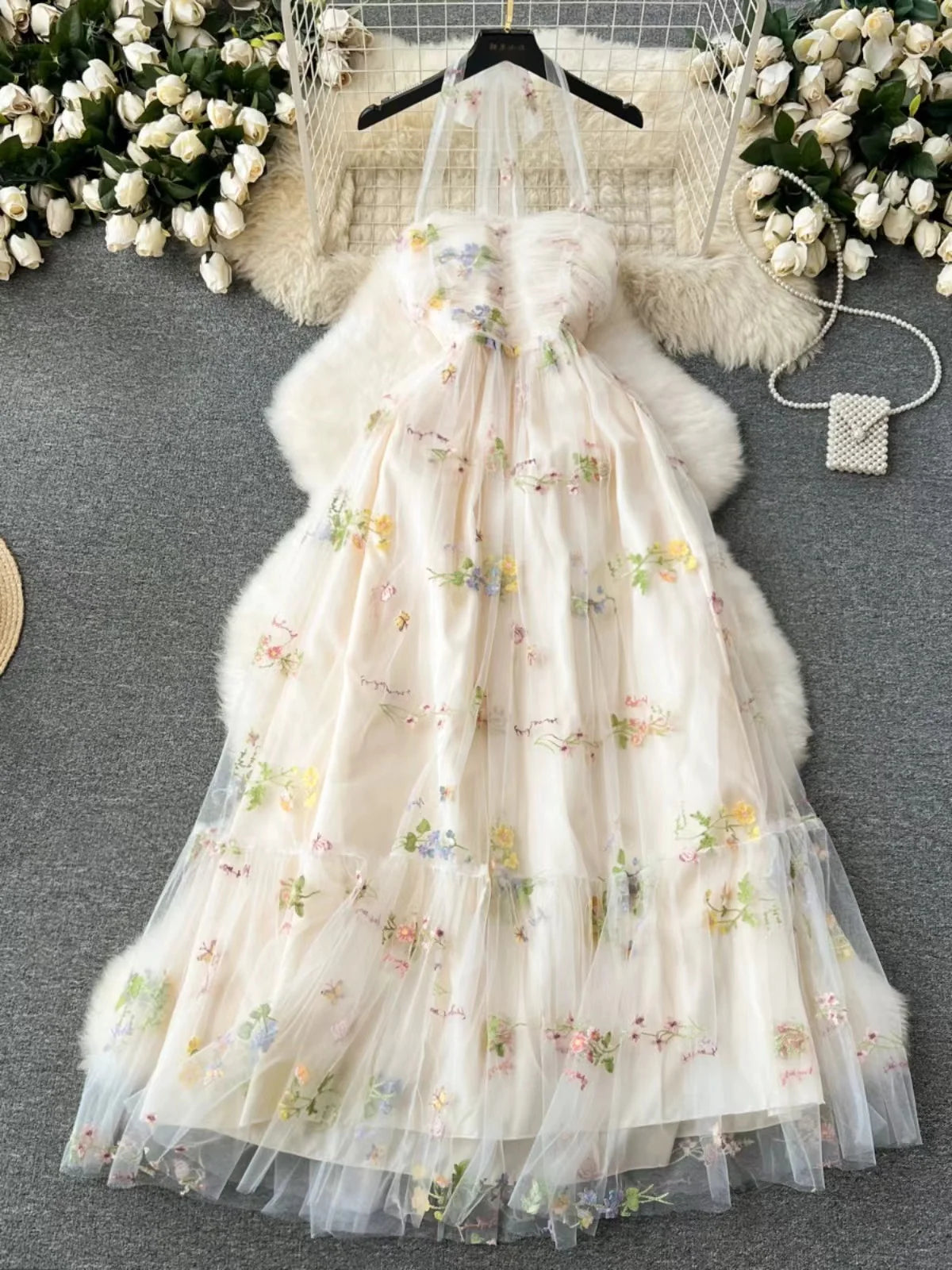 Elegant Floral Embroidered Tulle Gown With Layered Skirt