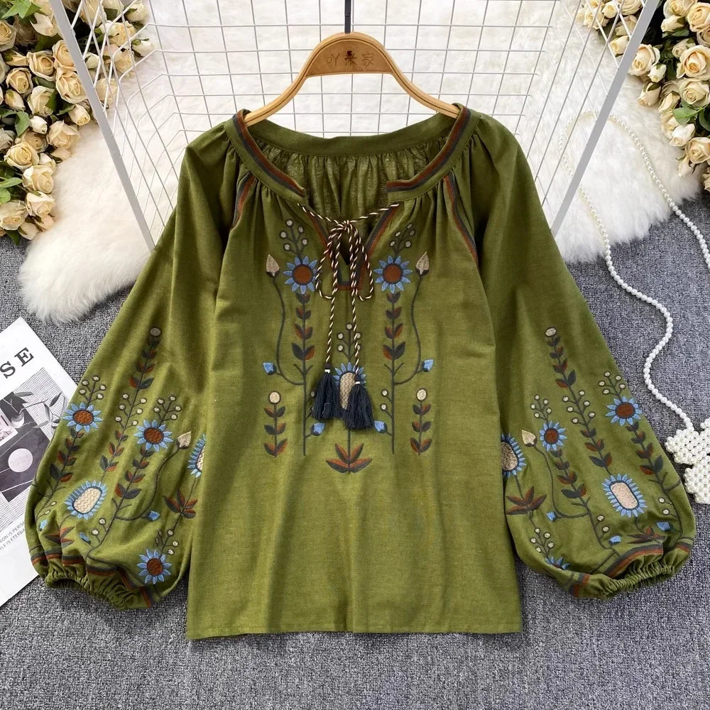 Bohemian Embroidered Tassel Tie-neck Womens Blouse Green