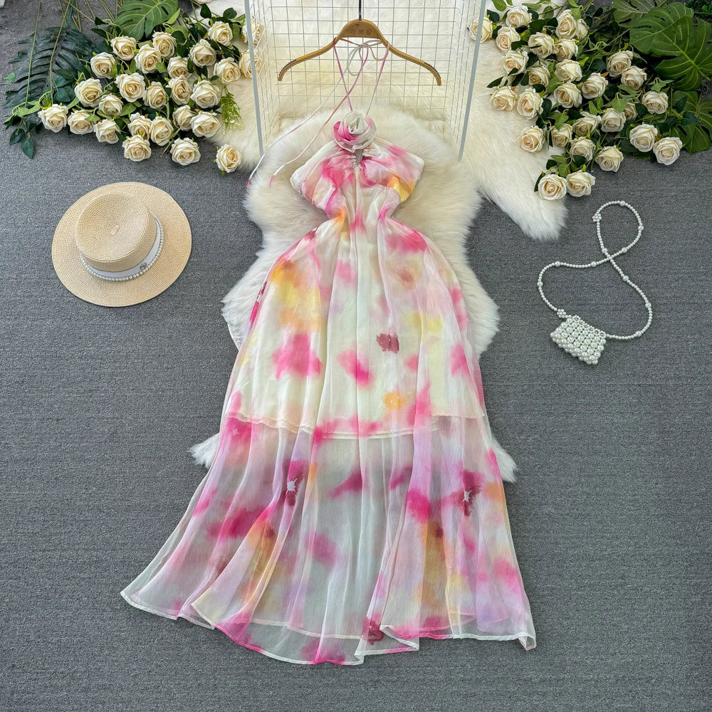 Chiffon Womens Floral Summer Dresses Womens Floral Print Chiffon Maxi Dress  With Hat