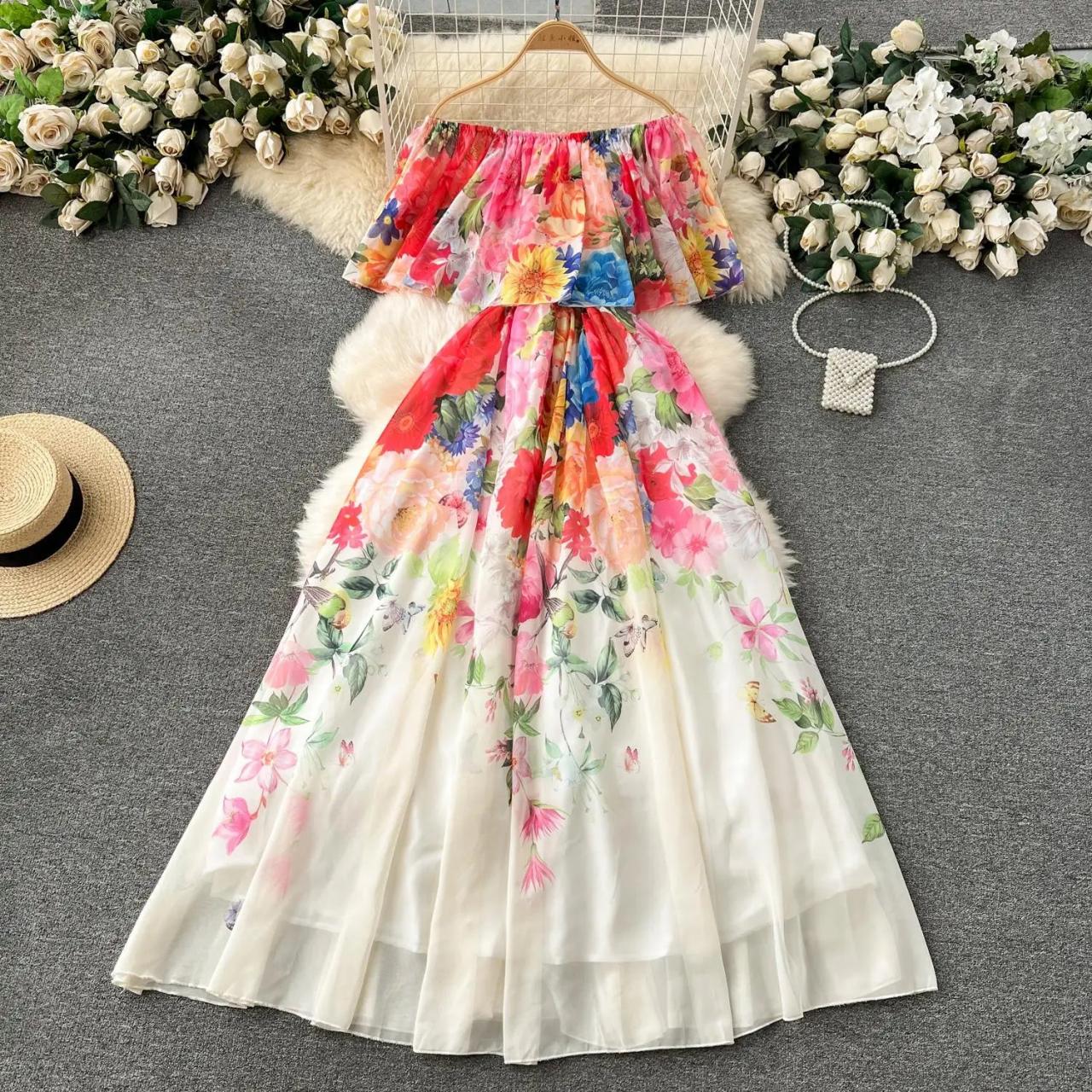 Off-shoulder Floral Print Maxi Dress Summer Elegant