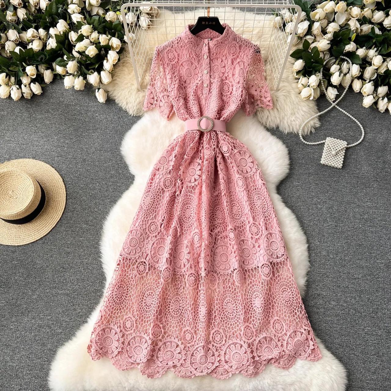 Elegant Pink Lace Belted Midi Dress With Short Sleeves